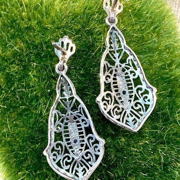 Ornate Vintage Filigree Sterling Silver and Diamond or Sapphire Earrings - Picture 6 of 8